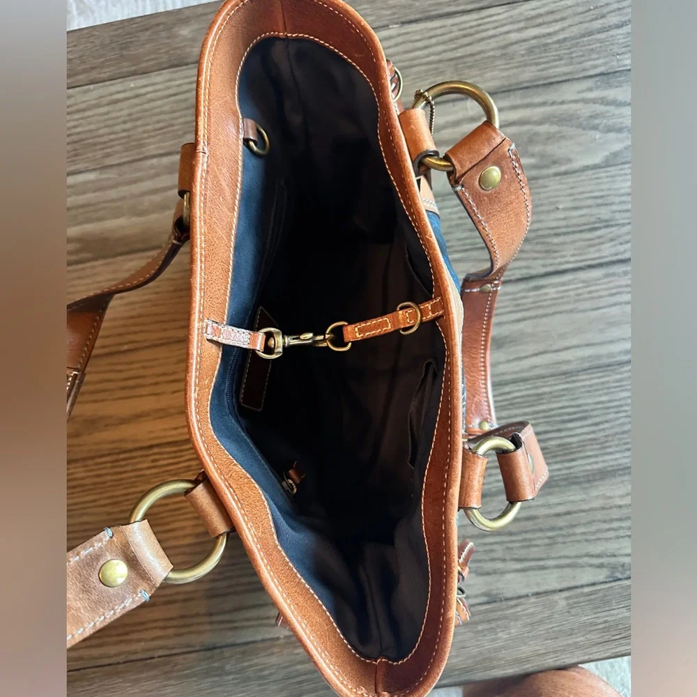 Vintage coach bag patchwork blues with leather straps and buckles - Picture 7 of 12